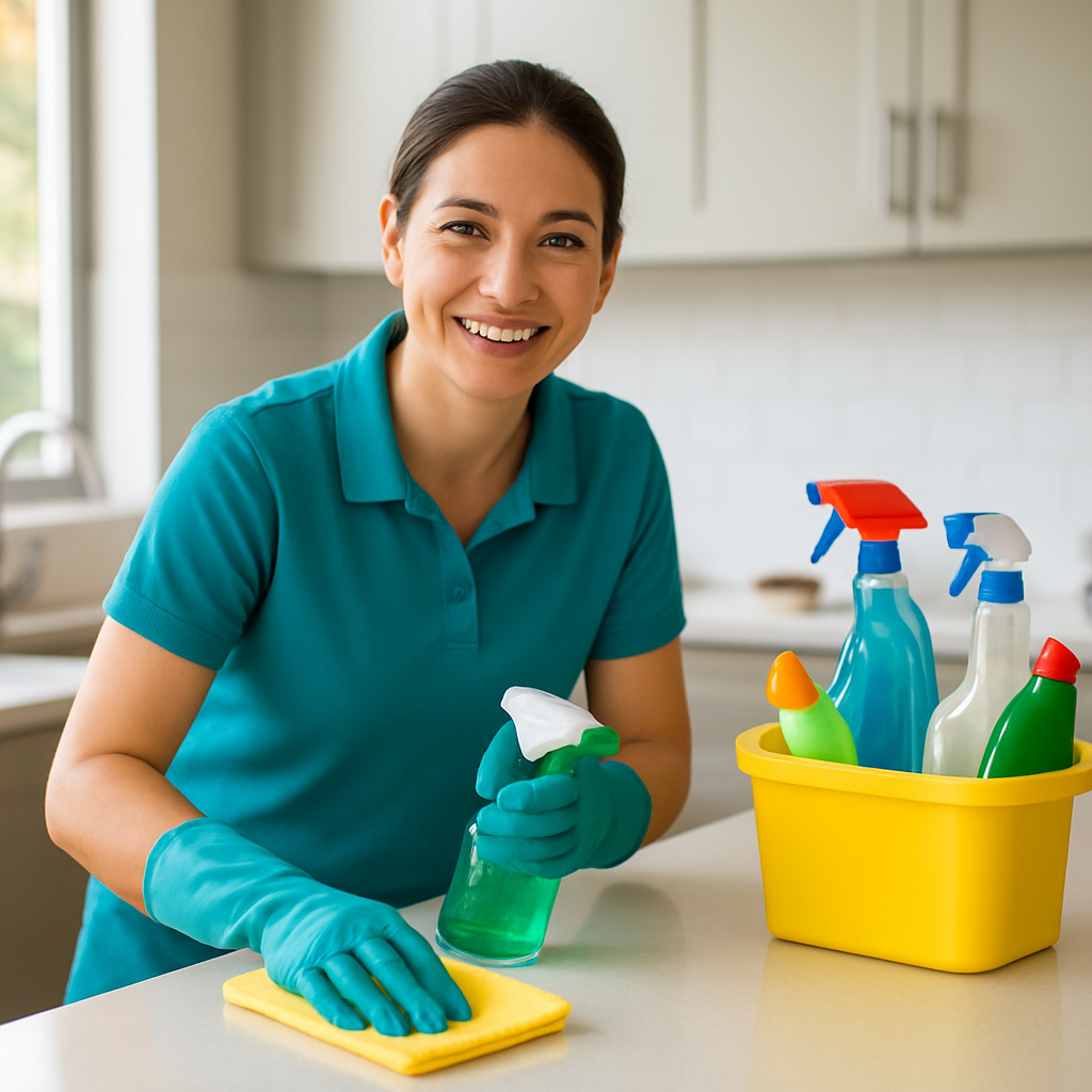 Friendly professional cleaner wiping a kitchen counter