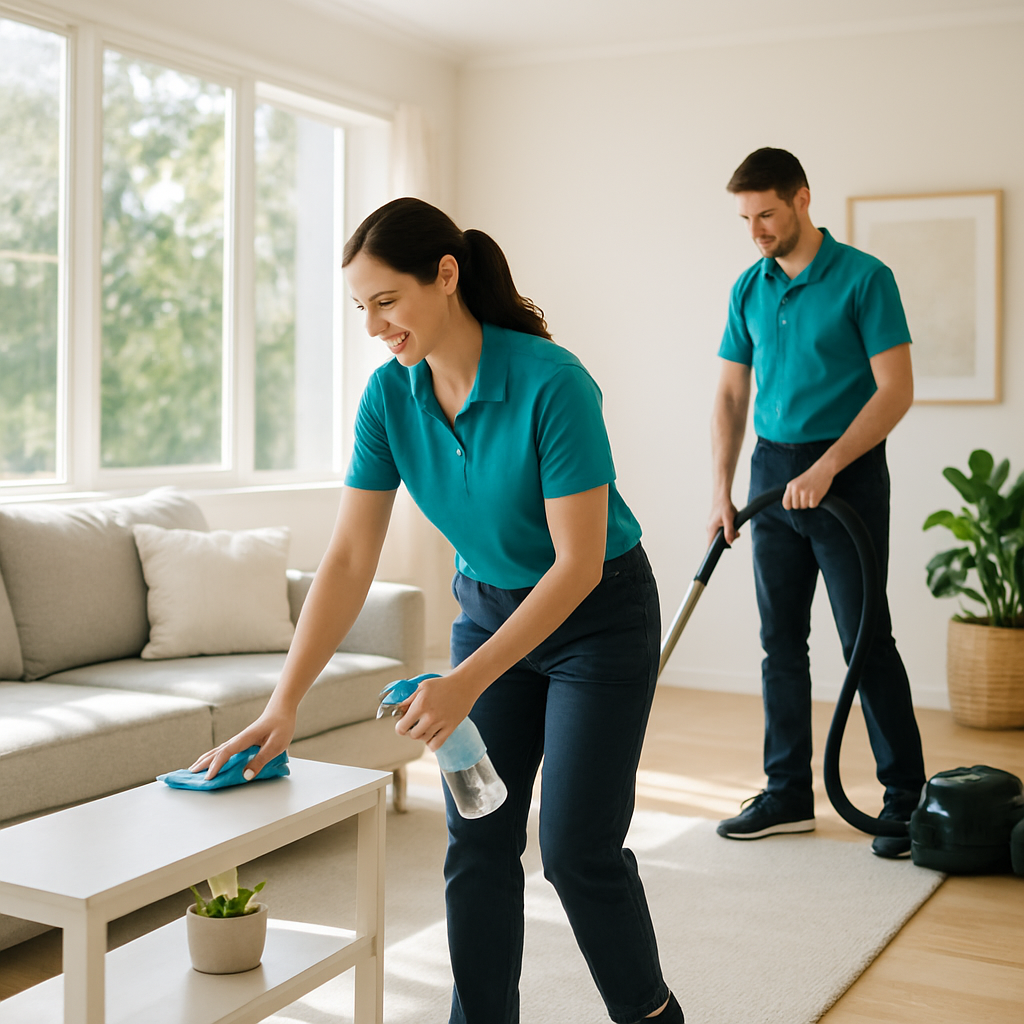 Professional cleaning team working in a bright modern home