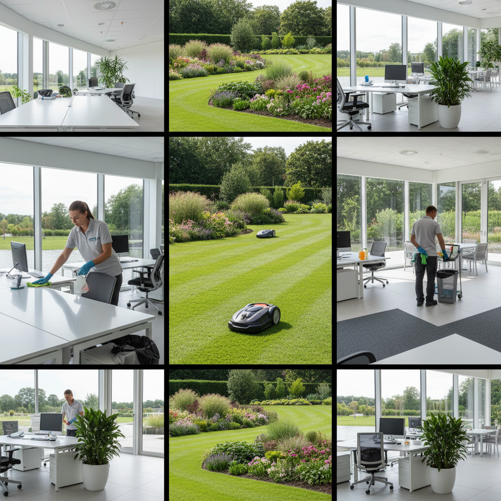 Clean modern office and tidy garden lawn